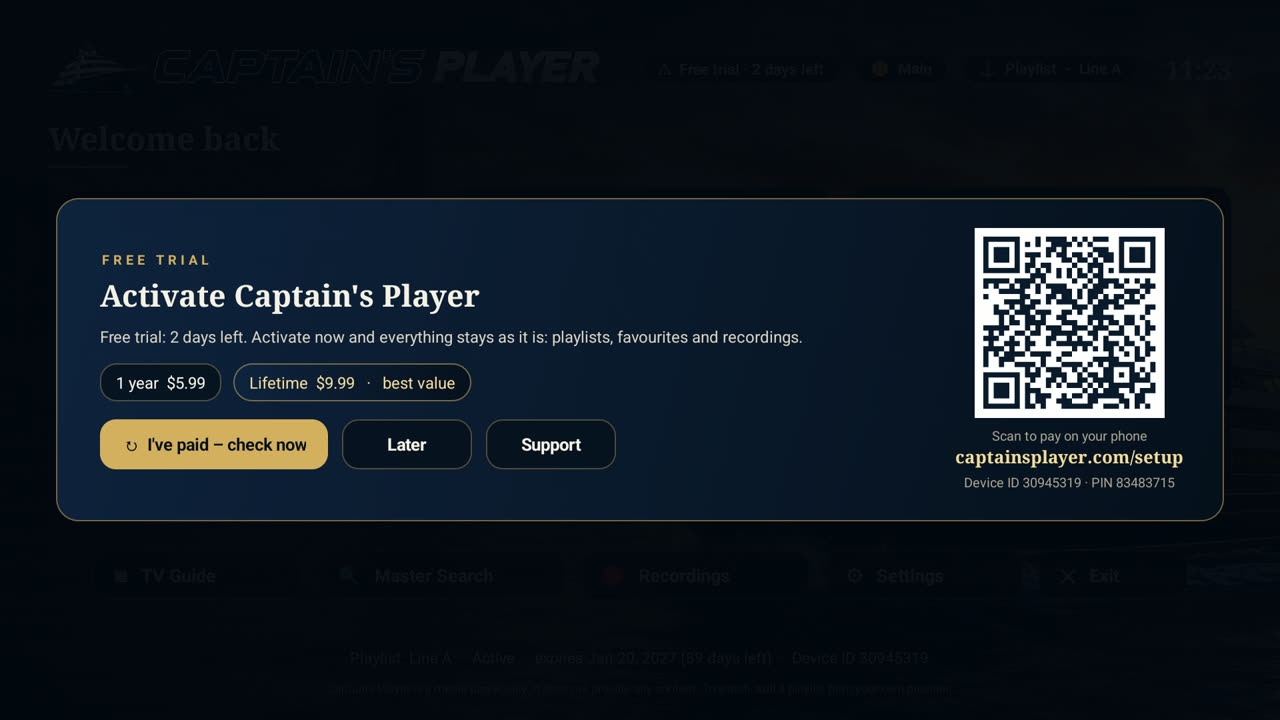 Captain's Player Activate screen