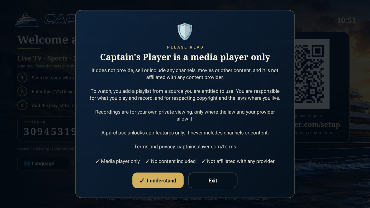 Captain's Player first-start notice